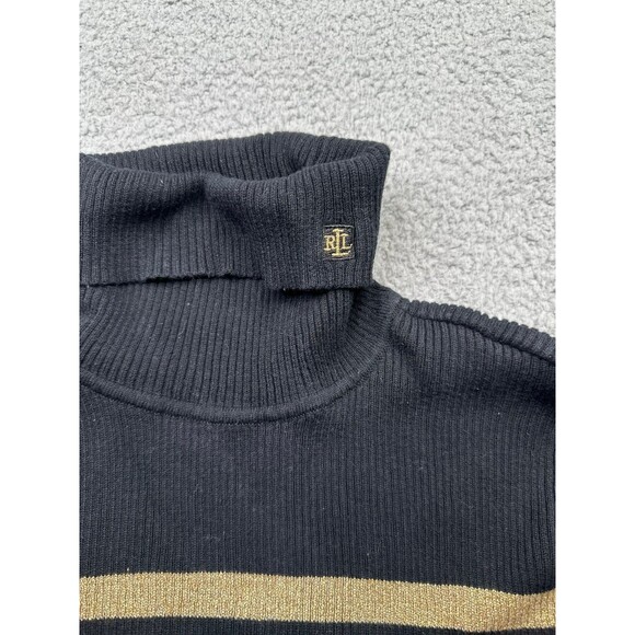 RALPH LAUREN Black White Gold Striped Cotton Logo Ribbed Turtleneck Sweater M - Picture 2 of 6